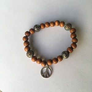 BoHo silver tone wooden Peace Sign bead bracelet